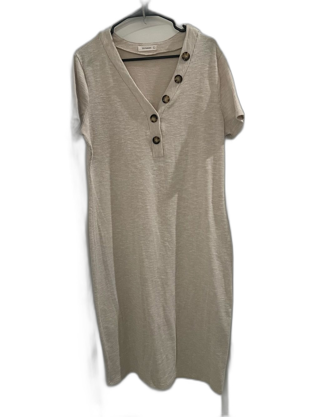 BluHeaven Beige Ribbed Knit Midi Dress Short Sleeve Button Front Size L